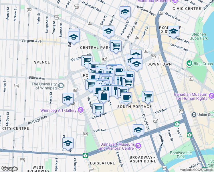 map of restaurants, bars, coffee shops, grocery stores, and more near 370 Portage Avenue in Winnipeg