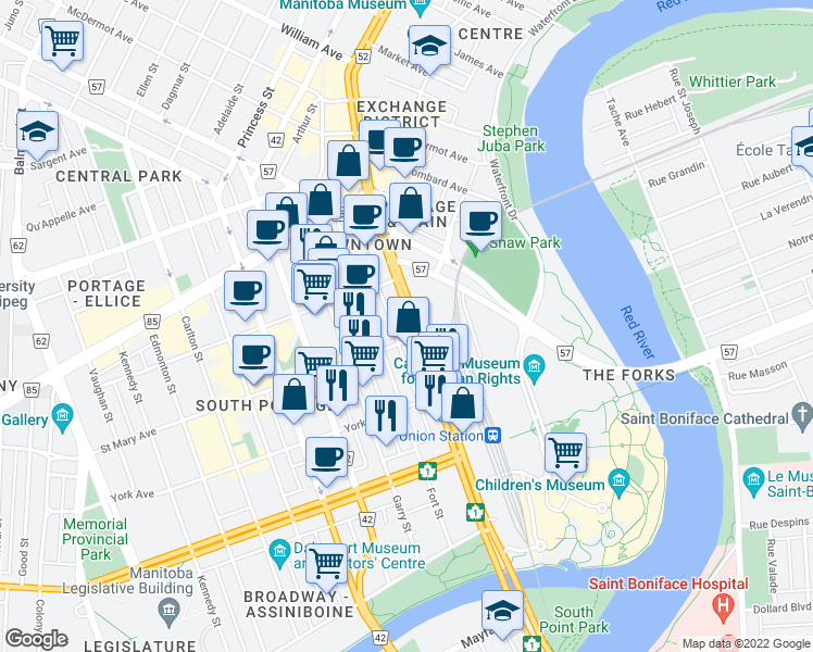 map of restaurants, bars, coffee shops, grocery stores, and more near 260 Main Street in Winnipeg