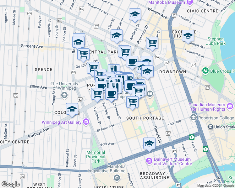 map of restaurants, bars, coffee shops, grocery stores, and more near 360 Portage Avenue in Winnipeg