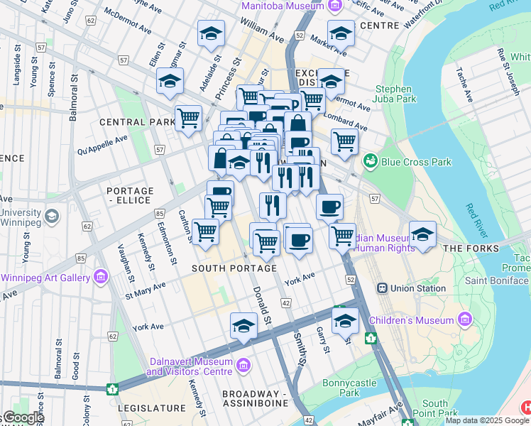 map of restaurants, bars, coffee shops, grocery stores, and more near 250 Graham Avenue in Winnipeg