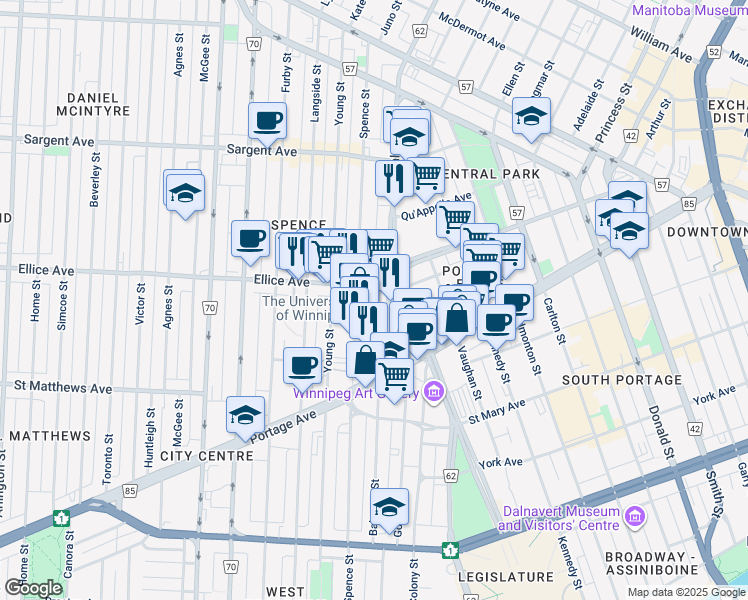 map of restaurants, bars, coffee shops, grocery stores, and more near 480 Ellice Avenue in Winnipeg