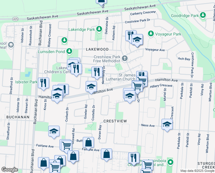 map of restaurants, bars, coffee shops, grocery stores, and more near 102 Normandy Drive in Winnipeg