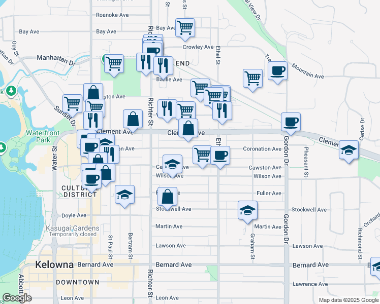 map of restaurants, bars, coffee shops, grocery stores, and more near 813 Coronation Avenue in Kelowna