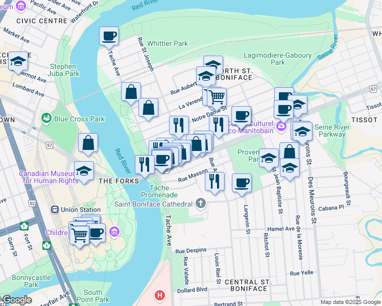 map of restaurants, bars, coffee shops, grocery stores, and more near 192 Dumoulin Street in Winnipeg