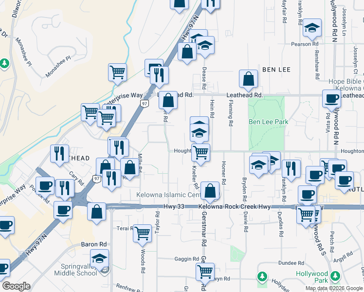 map of restaurants, bars, coffee shops, grocery stores, and more near 385 Lester Road in Kelowna
