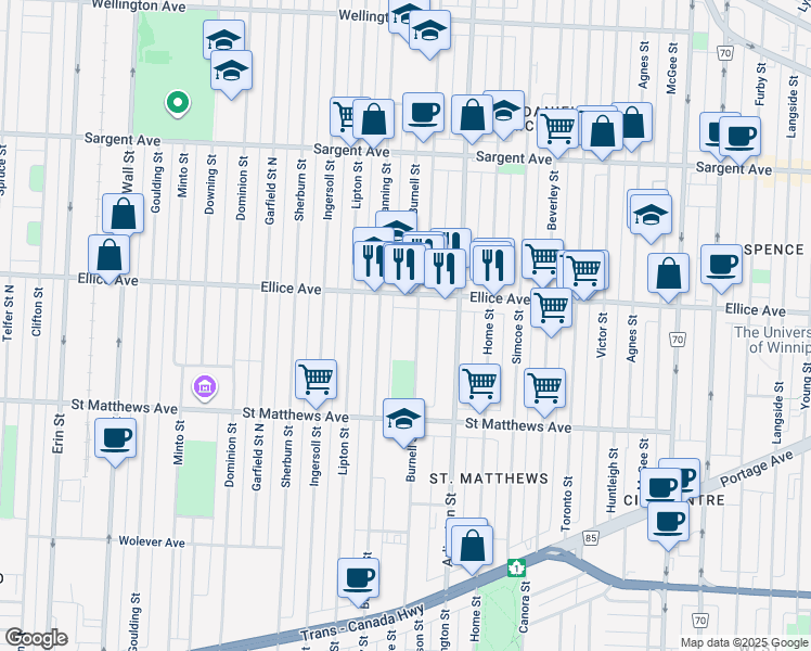 map of restaurants, bars, coffee shops, grocery stores, and more near in Winnipeg