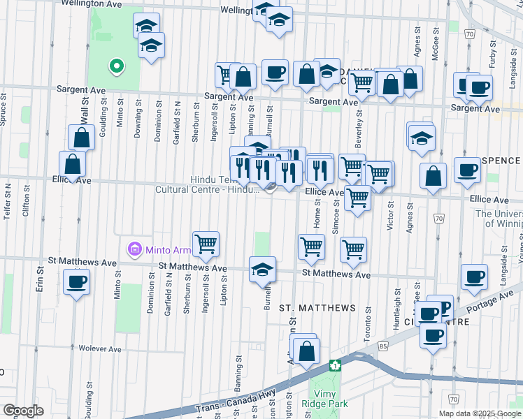 map of restaurants, bars, coffee shops, grocery stores, and more near 510 Burnell Street in Winnipeg