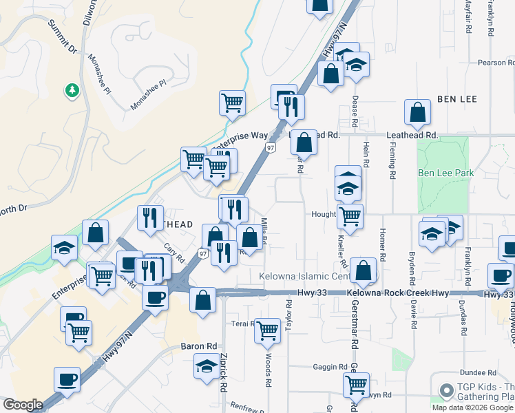 map of restaurants, bars, coffee shops, grocery stores, and more near 345 Mills Road in Kelowna