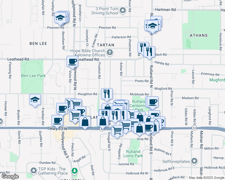 map of restaurants, bars, coffee shops, grocery stores, and more near 345 Dougall Road North in Kelowna
