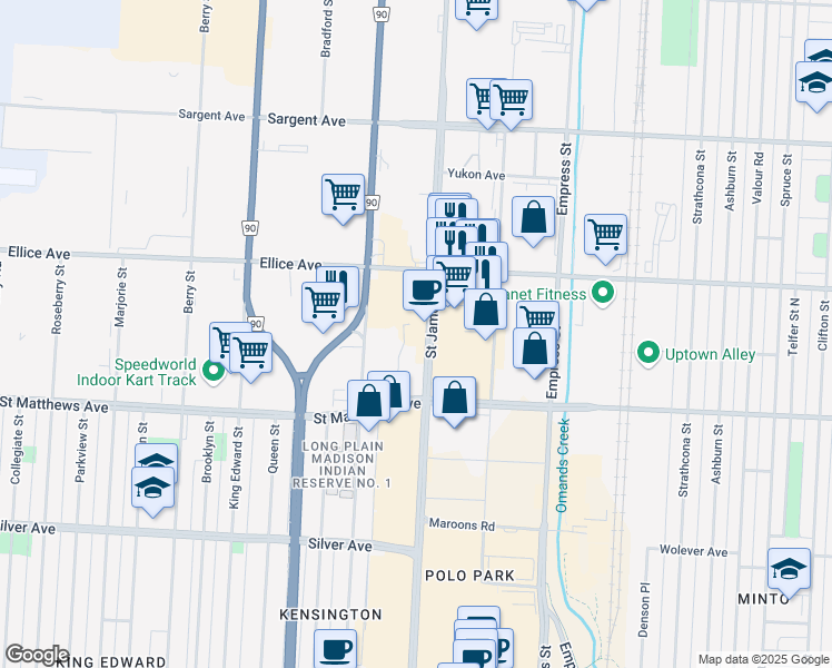 map of restaurants, bars, coffee shops, grocery stores, and more near 980 Saint James Street in Winnipeg