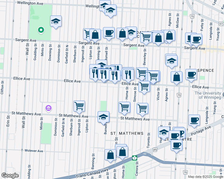 map of restaurants, bars, coffee shops, grocery stores, and more near 519 Burnell Street in Winnipeg