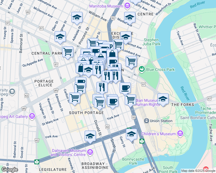 map of restaurants, bars, coffee shops, grocery stores, and more near 250 Graham Avenue in Winnipeg