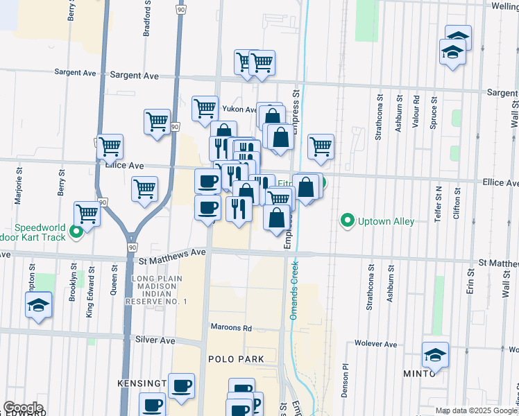 map of restaurants, bars, coffee shops, grocery stores, and more near 925 Milt Stegall Drive in Winnipeg