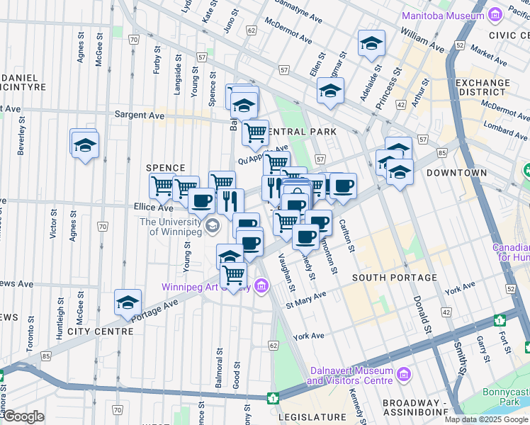 map of restaurants, bars, coffee shops, grocery stores, and more near 400 Webb Place in Winnipeg