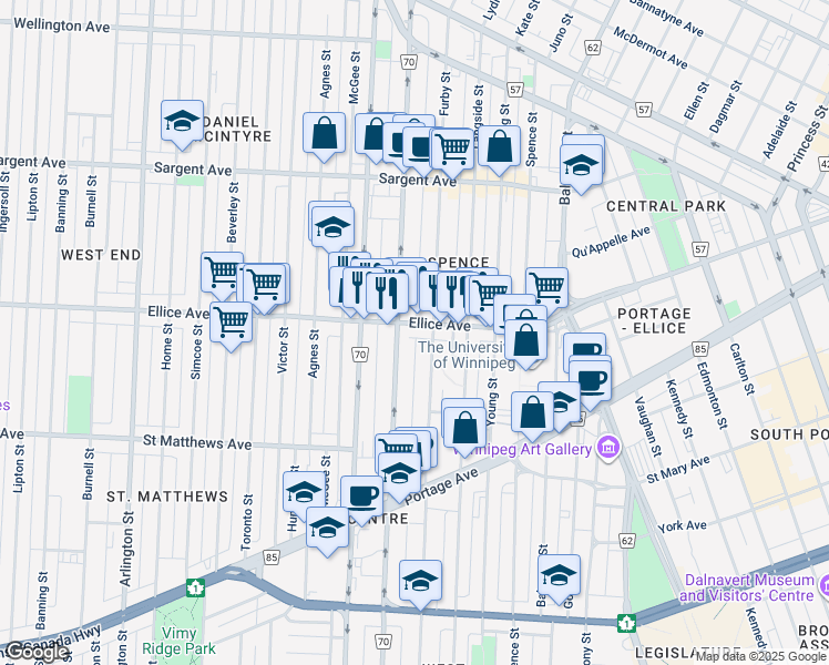 map of restaurants, bars, coffee shops, grocery stores, and more near 577 Ellice Avenue in Winnipeg
