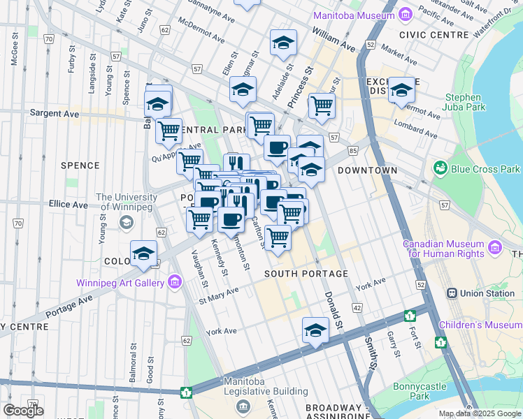 map of restaurants, bars, coffee shops, grocery stores, and more near 370 Portage Avenue in Winnipeg