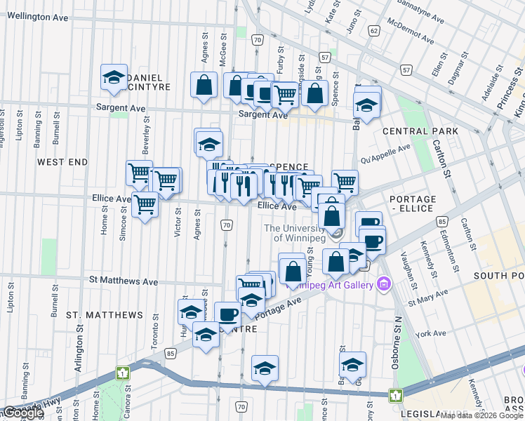 map of restaurants, bars, coffee shops, grocery stores, and more near 577 Ellice Avenue in Winnipeg