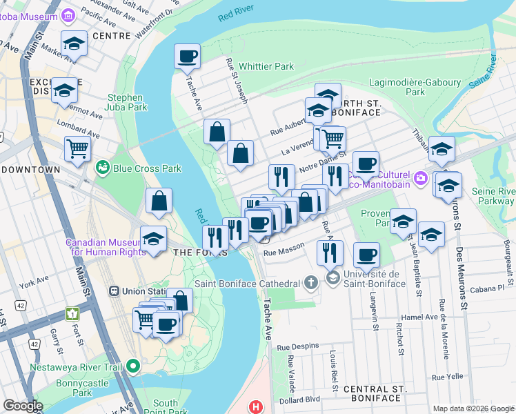 map of restaurants, bars, coffee shops, grocery stores, and more near 145 Dumoulin Street in Winnipeg