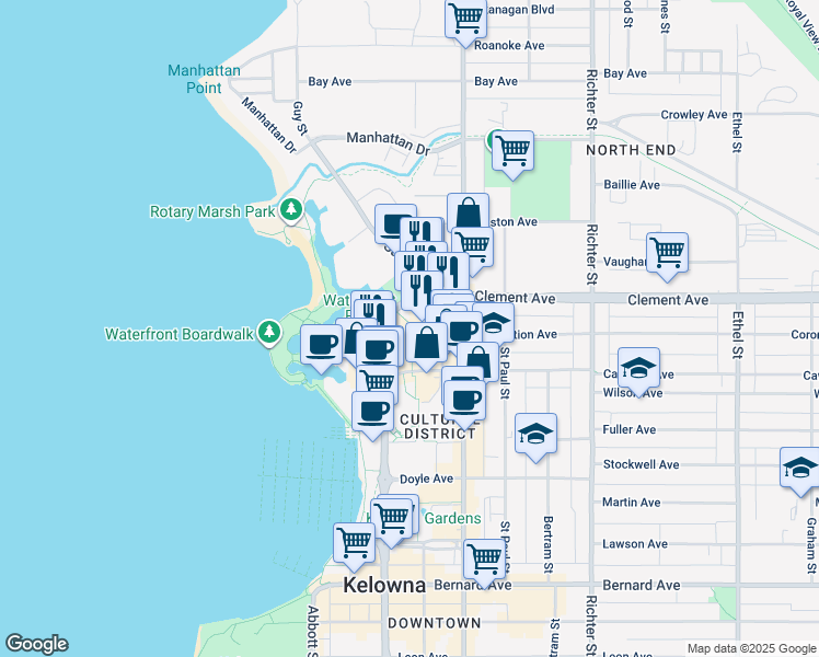 map of restaurants, bars, coffee shops, grocery stores, and more near 350 Cawston Avenue in Kelowna