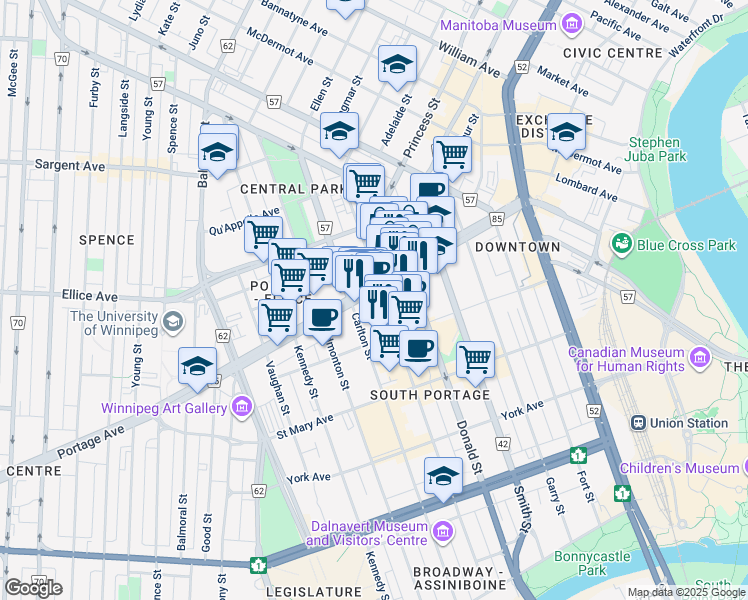 map of restaurants, bars, coffee shops, grocery stores, and more near 300 Portage Avenue in Winnipeg