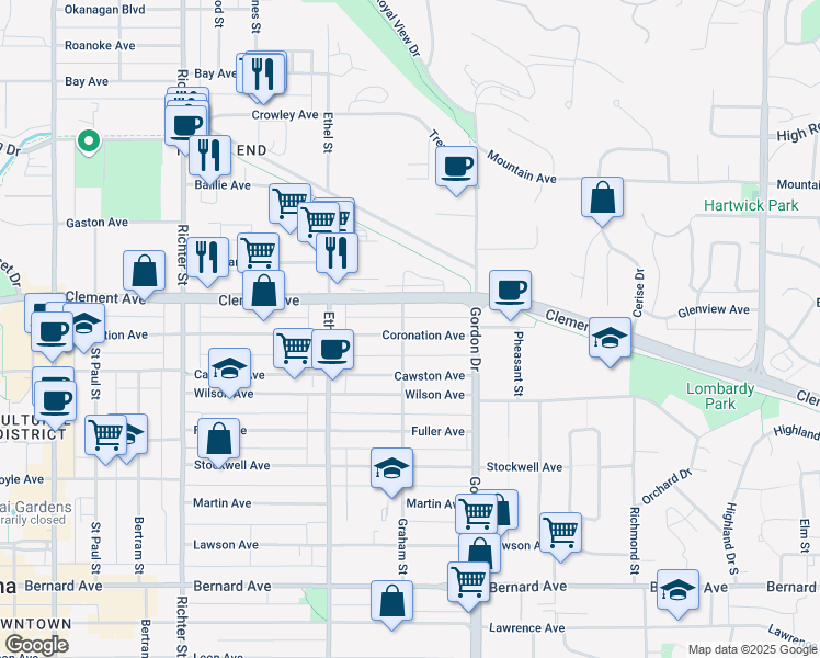 map of restaurants, bars, coffee shops, grocery stores, and more near 1010 Coronation Avenue in Kelowna