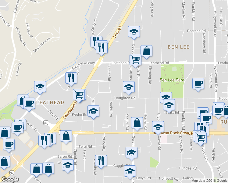 map of restaurants, bars, coffee shops, grocery stores, and more near 385 Lester Road in Kelowna