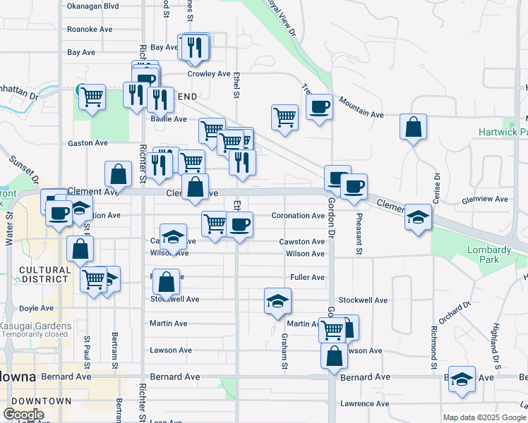 map of restaurants, bars, coffee shops, grocery stores, and more near 954 Coronation Avenue in Kelowna