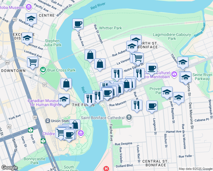 map of restaurants, bars, coffee shops, grocery stores, and more near 140 Notre Dame Street in Winnipeg