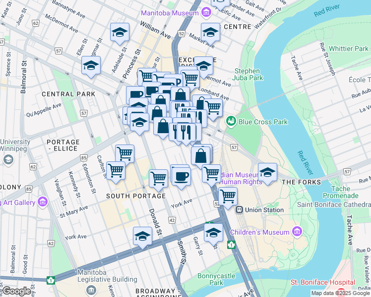 map of restaurants, bars, coffee shops, grocery stores, and more near 212-200 Graham Avenue in Winnipeg