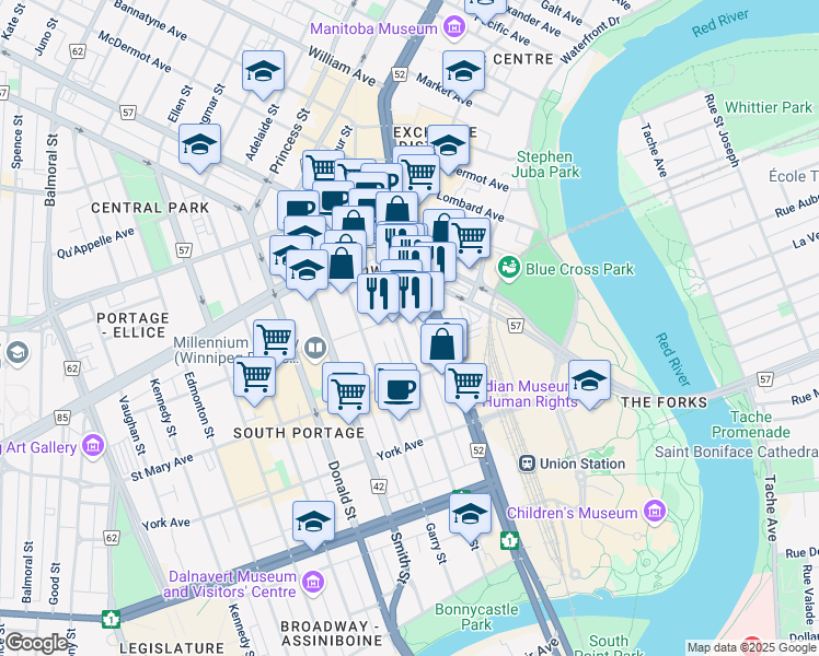 map of restaurants, bars, coffee shops, grocery stores, and more near 200 Graham Avenue in Winnipeg