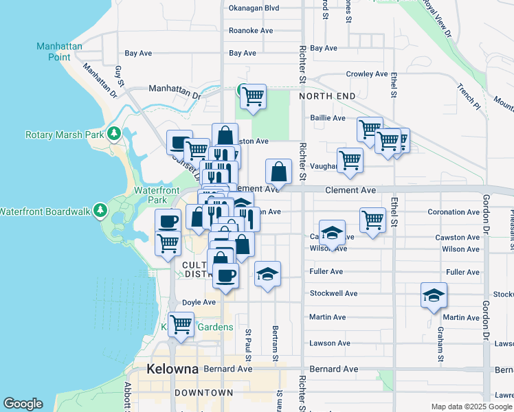 map of restaurants, bars, coffee shops, grocery stores, and more near 562 Coronation Avenue in Kelowna