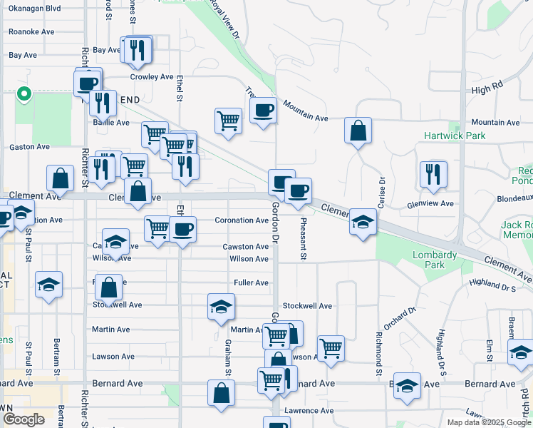 map of restaurants, bars, coffee shops, grocery stores, and more near 1078 Coronation Avenue in Kelowna