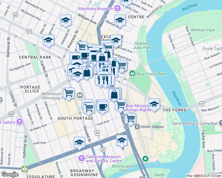 map of restaurants, bars, coffee shops, grocery stores, and more near 272 Main Street in Winnipeg