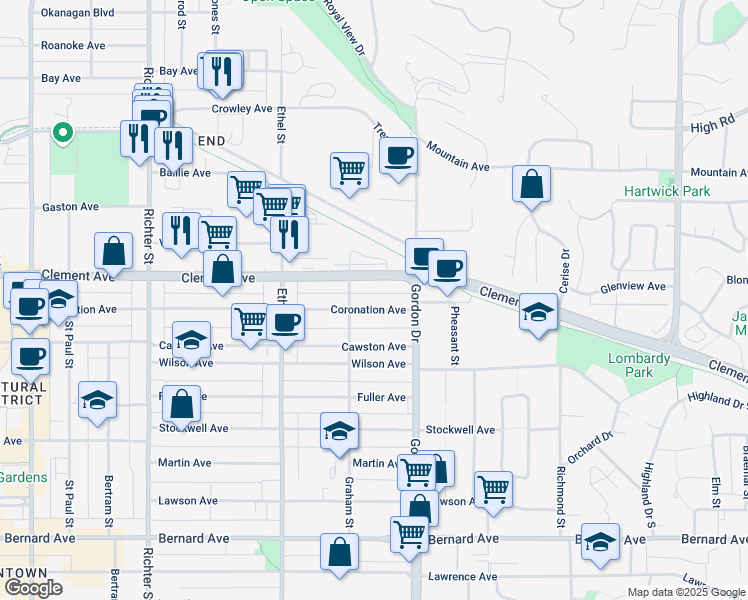 map of restaurants, bars, coffee shops, grocery stores, and more near 1010 Coronation Avenue in Kelowna