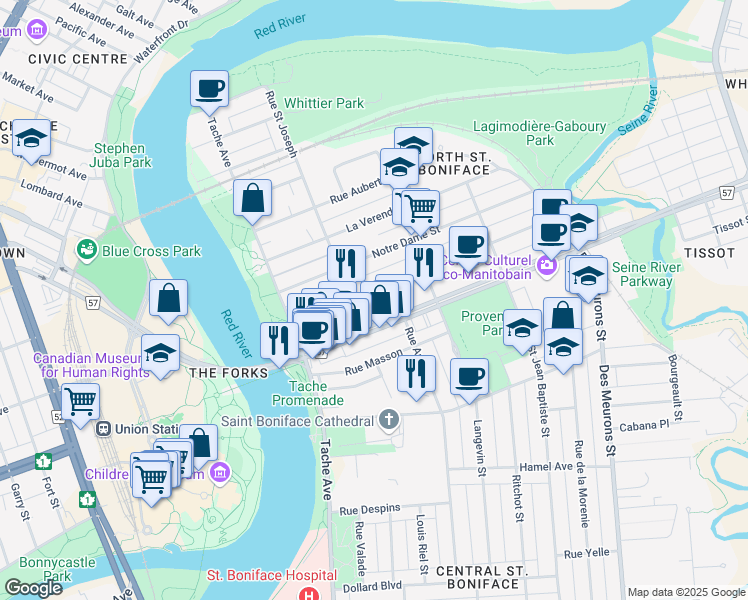 map of restaurants, bars, coffee shops, grocery stores, and more near 192 Dumoulin Street in Winnipeg