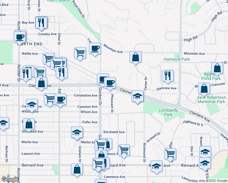 map of restaurants, bars, coffee shops, grocery stores, and more near 1194 High Road in Kelowna