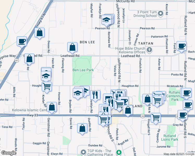 map of restaurants, bars, coffee shops, grocery stores, and more near 395 Franklyn Road in Kelowna