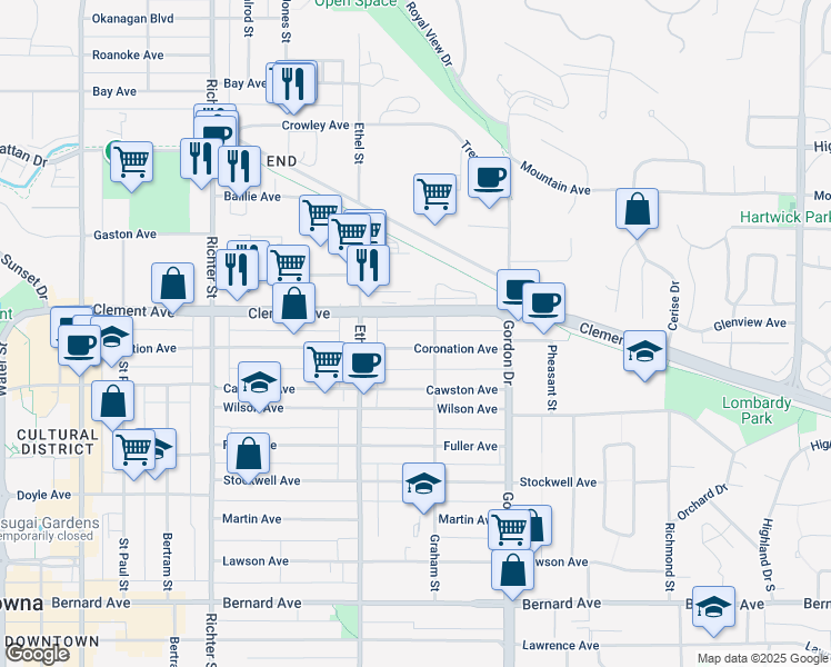 map of restaurants, bars, coffee shops, grocery stores, and more near 954 Coronation Avenue in Kelowna