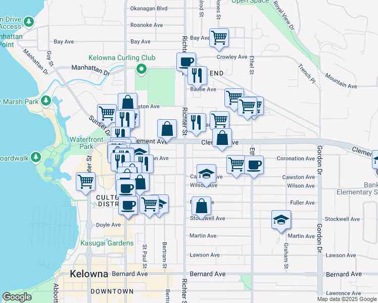 map of restaurants, bars, coffee shops, grocery stores, and more near in Kelowna