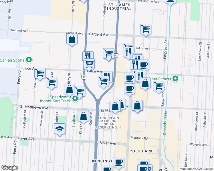 map of restaurants, bars, coffee shops, grocery stores, and more near 550 Century Street in Winnipeg