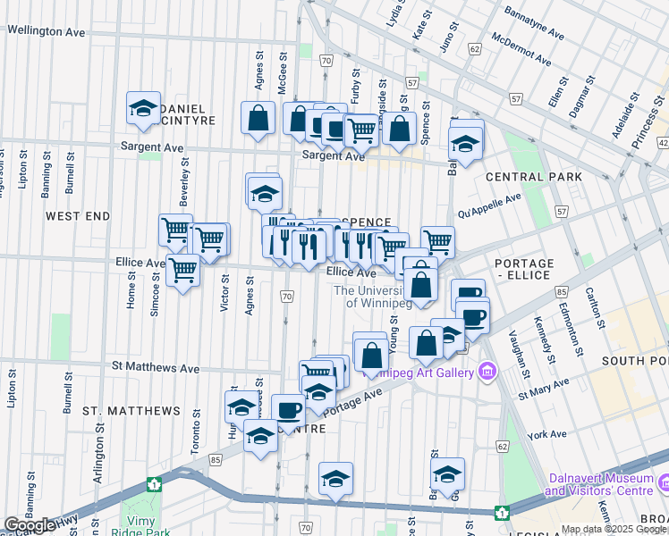 map of restaurants, bars, coffee shops, grocery stores, and more near 577 Ellice Avenue in Winnipeg