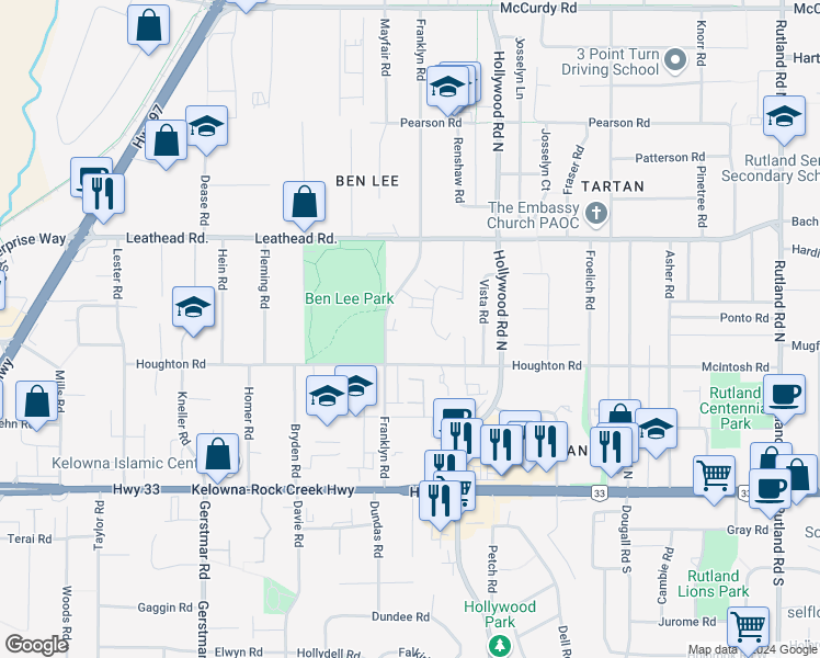 map of restaurants, bars, coffee shops, grocery stores, and more near 395 Franklyn Road in Kelowna