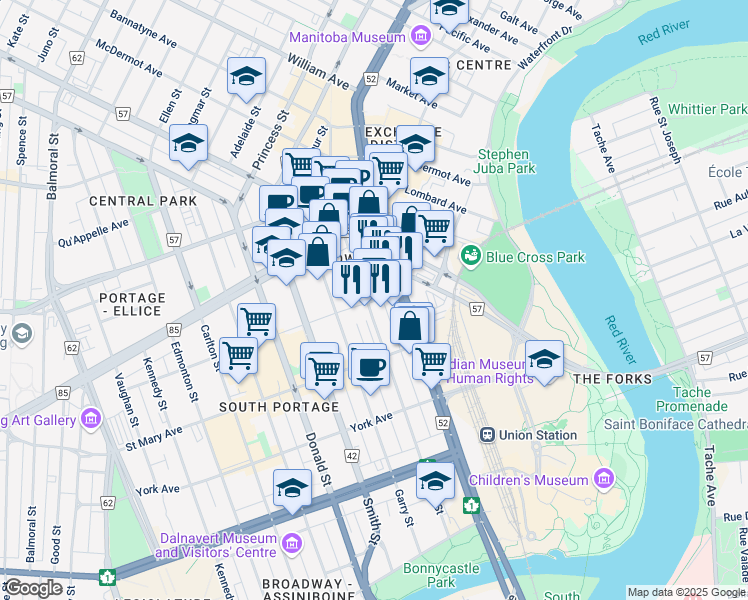 map of restaurants, bars, coffee shops, grocery stores, and more near 212-200 Graham Avenue in Winnipeg