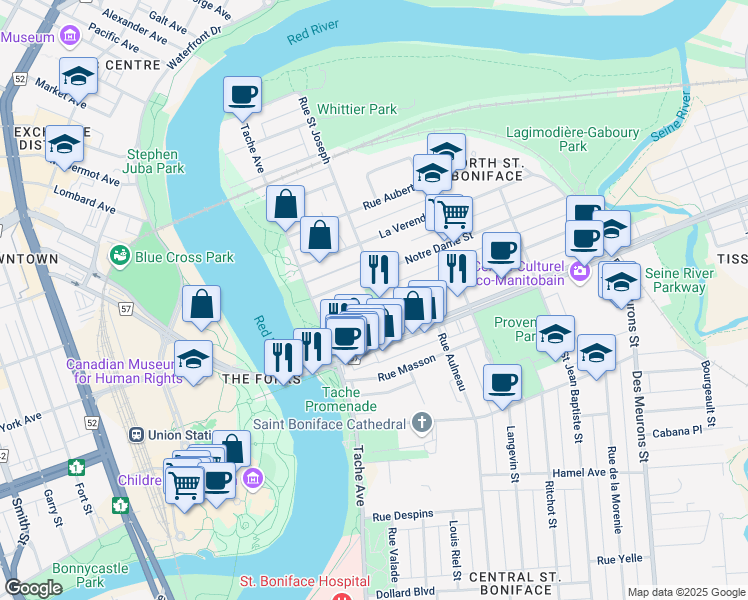 map of restaurants, bars, coffee shops, grocery stores, and more near 171 Dumoulin Street in Winnipeg