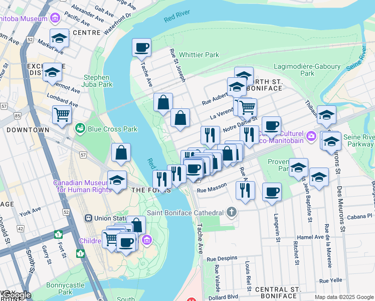map of restaurants, bars, coffee shops, grocery stores, and more near 140 Notre Dame Street in Winnipeg