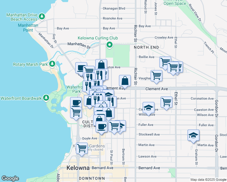 map of restaurants, bars, coffee shops, grocery stores, and more near 562 Coronation Avenue in Kelowna