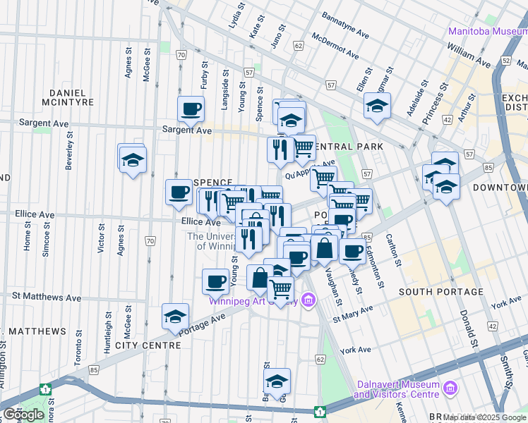 map of restaurants, bars, coffee shops, grocery stores, and more near 480 Ellice Avenue in Winnipeg