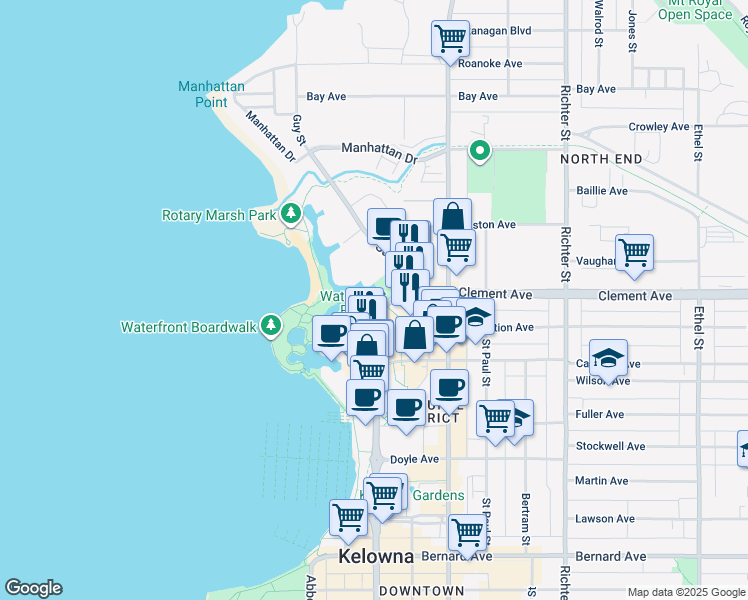 map of restaurants, bars, coffee shops, grocery stores, and more near 350 Cawston Avenue in Kelowna