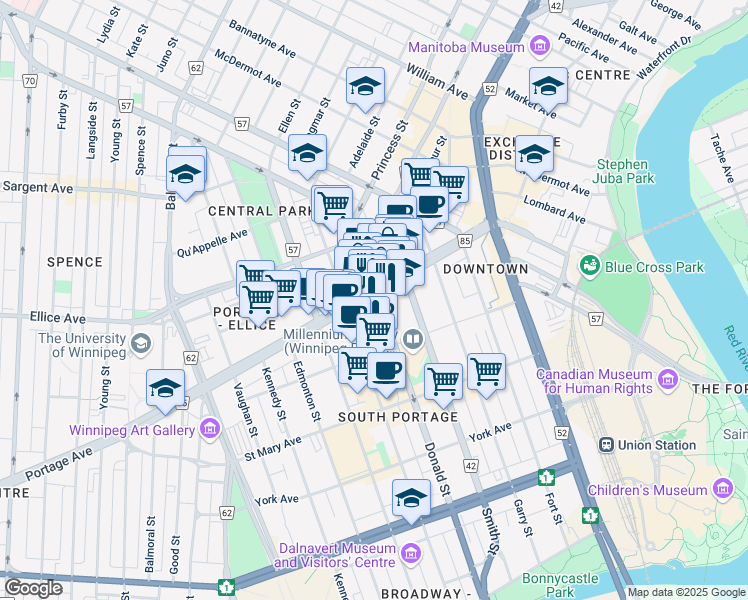 map of restaurants, bars, coffee shops, grocery stores, and more near 300 Portage Avenue in Winnipeg
