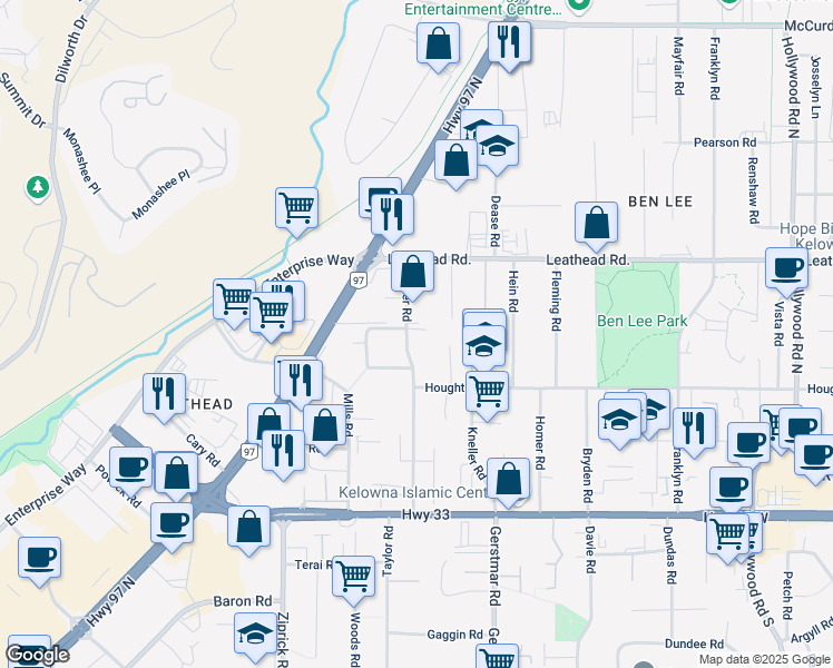 map of restaurants, bars, coffee shops, grocery stores, and more near 425 Lester Road in Kelowna